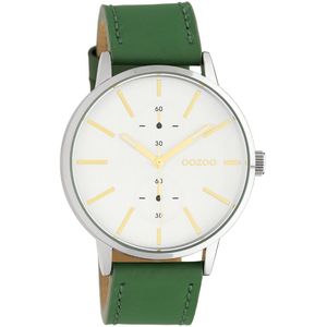 OOZOO Timepieces - Zilverkleurige horloge met lelie groene leren band - C10586