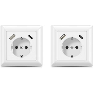 2 Stuks Wandcontactdoos Wit - Inbouw Stopcontact - WCD - Geaard - Geïntegreerd USB-C en USB-A Poorten - 18 W Vermogen - Snel Opladen - Ingang 250V AC 50Hz 200mA - Afmetingen 80x80x42mm