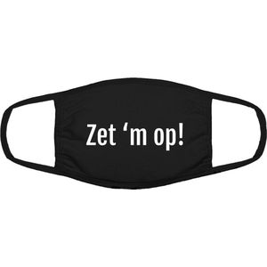 Grappig mondkapje | Zet 'm op | gezichtsmasker | bescherming | bedrukt | logo | Zwart mondmasker van katoen, uitwasbaar & herbruikbaar. Geschikt voor OV