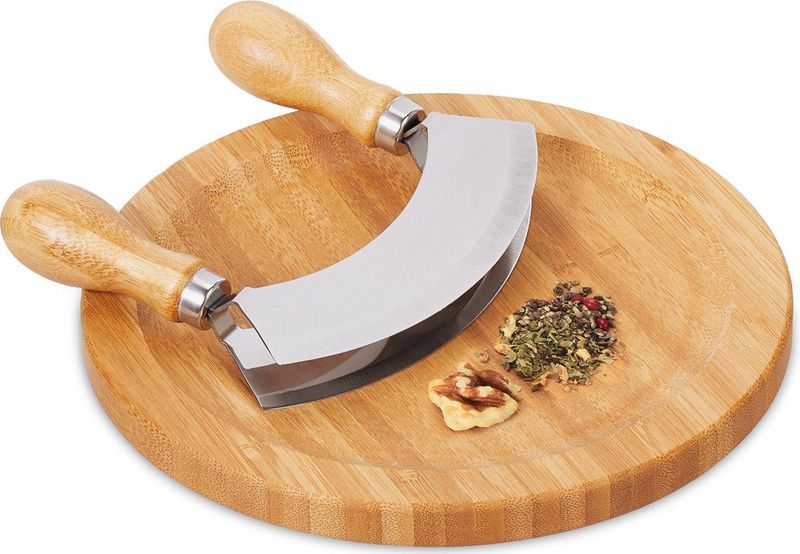 Relaxdays wiegemes met plank - bamboe - rvs - dubbel - snijplank kruiden - Ø 20 cm