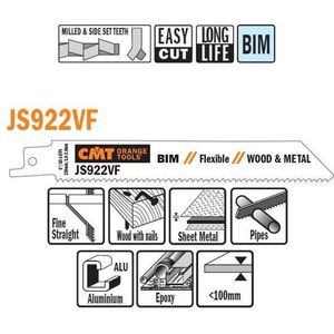 CMT JS922VF-5 Bi-metaal reciprozaagblad 150 x 0,9 mm. 10-14tpi (hout met spijkers, plaatstaal, buizen, aluminium, glasvezel/epoxy)