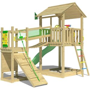 Jungle Gym speeltoestel van grenen hout - Jungle Fortress met groene glijbaan - Tuin speeltoestel voor buiten met zandbak, loopbrug en klimwand