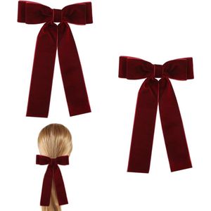 JHubers Goods - Fluwelen Haarboogclips in Wijnrood, Set van 2 voor Meisjes, Kinderen, Tieners, Vrouwen - Zachte Fluwelen Strikspelden - Haarknoopstrikken - Lange Paardenstaartornamenten - Haaraccessoire met Zoekwoorden