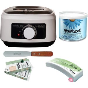 RickiParodi – Wax Starterset – Waxverwarmer – Azulene Hars – Metalen & Houten Spatels – Ontharingsstrips