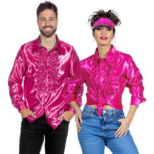 Jaren 80 & 90 Kostuum | Roze Ruchesblouse Satijn Foute Disco | Maat 58 | Carnaval kostuum | Verkleedkleding