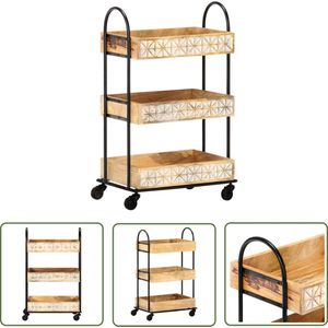 The Living Store Keukentrolley - Massief mangohout - 3-laags - 46 x 30 x 76 cm - Handgesneden witte patronen