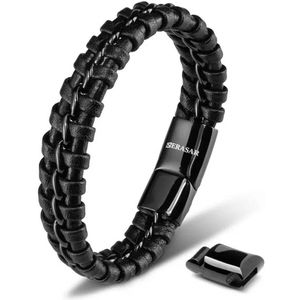 SERASAR Premium Leren Armband Heren [Joy] - Zwart 20cm - Beste Cadeau voor Hem