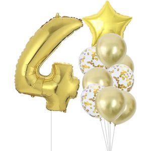 Verjaardag Versiering Meisje Goud - 4 jaar - 10 stuks - Ballonnen - Cijferballon - Kinderfeestje Goud - Bruiloft - Feestversiering - Goude Ballonnen Meisje - Helium - Leeftijdballon - Folieballon - Goude Versiering - Goud kleurige Ballonnen