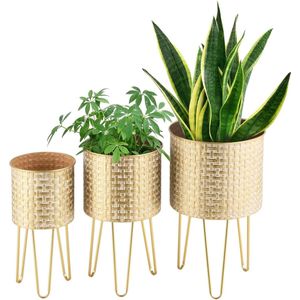 In And OutdoorMatch Bloempot Estelle - Op Standaard - Set van 3 - Messing - Metaal - Decoratieve bloempot