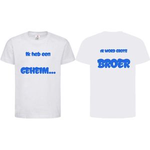 Shirt Aankondiging zwangerschap ""Ik heb een GEHEIM..."" op voorkant ""Ik word grote BROER"" op achterkant | korte mouw | Wit/blauw | maat 86/92 zwangerschap aankondiging bekendmaking Baby big bro brother Grote Broer