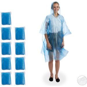 Relaxdays regenponcho - set van 10 - poncho - met capuchon - regenkleding - cape - blauw