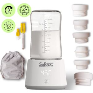 SeRox BabyCare - Flessenwarmer onderweg plus 6 adapters - geschikt voor oa Dr brown brede en smalle hals, philips avent flessen, MAM, NUK, TommieTippie, Medela, en meer - draagbare en draadloze baby flessenwarmers - 9000 mAh - BPA vrij - wit