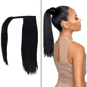 Green Glow - Lange rechte paardenstaartverlenging, natuurlijke zwarte pruik, clip-in haarverlenging met wrap around, synthetisch haar voor vrouwen - Halloween.