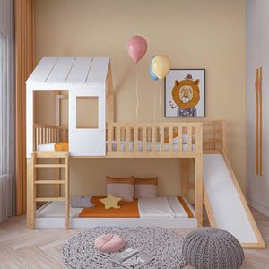 Stapelbed met rechte ladder en schuifbed - kinderbed met valbeveiliging en rooster - grenen frame - naturel + wit (90x200cm)