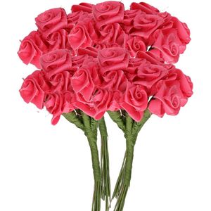 Rayher Decoratie roosjes satijn - 4x - bosje van 12 - fuchsia roze - 12 cm - hobby/DIY bloemetjes
