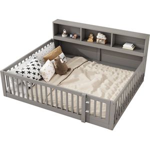 Merax Kinderbed 140x200 cm – Houten Tweepersoonsbed met Uitvalbeveiliging & Opbergruimte – Grijs