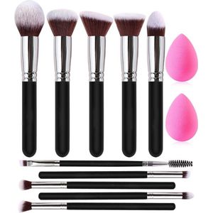 Premium Synthetic Makeup Brush Set - Kabuki Style for Foundation, Face Powder, Blush, Eyeshadow - Including Blender Sponge (12 Pieces, Black/Silver)