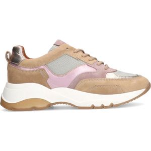 Manfield - Dames - Beige suède sneakers met mesh en metallic details - Maat 38