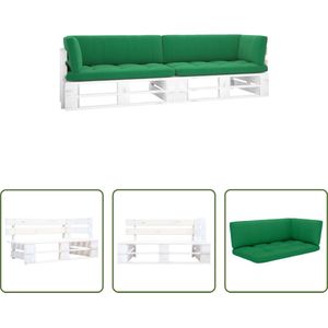 The Living Store Hoekbank Pallet - Tuinmeubelen - 110 x 65 x 55 cm - Groen Kussen - Grenenhout - 100% polyester stof - Montage vereist - 2x banken inclusief kussens - The Living Store