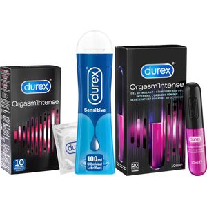 Durex - 10 stuks Condooms - Orgasm Intense - 110ml Glijmiddel - Intense Orgasm 10ml - Play Sensitive 100ml - Voordeelverpakking