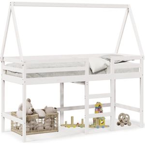 vidaXL - Halfhoogslaper - met - ladder - en - bedhuis - grenenhout - wit - 80x200 - cm