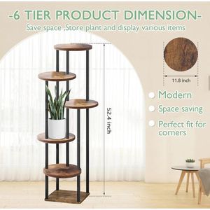 6 Niveaus Plantenstandaard voor Binnen - Metalen en Houten Plantenrek voor Woonkamer, Slaapkamer en Buiten