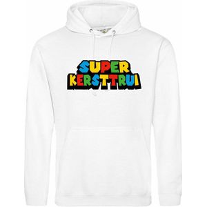 Witte hoodie met ""Super kersttrui"" - maat M - kerst, kerstmis, fout, kerstfeest, kerstmis, trui, kerstdiner, aankleding, hoody, hoedie