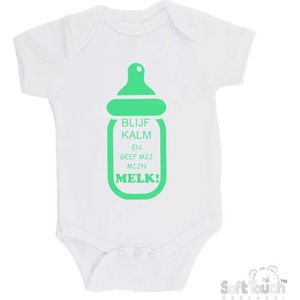 100% katoenen Romper ""Blijf kalm en geef mij mijn MELK!"" Unisex Katoen Wit/mint Maat 56/62