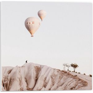 WallClassics - PVC Schuimplaat - Beige en Bruine Luchtballonnen boven Rotslandschap - 50x50 cm Foto op PVC Schuimplaat (Met Ophangsysteem)