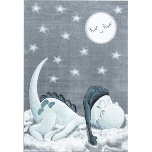 Kindervloerkleed - Blauw - Hoogpolig - Dinosaurusprint