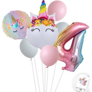 Eenhoorn Unicorn Sweet Color Ballonnen Set - Snoes - Cijfer Ballon 4 Jaar - Roze - Wit - Pastel