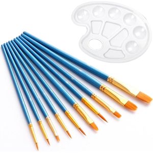 Schilderpenselen set - 10 verschillende maten voor kunstenaars, volwassenen en kinderen - 1 stuk blauw draagbaar kunststof wit
