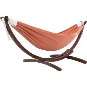 Vivere Double Sunbrella Hangmat met Massief Houten Standaard - Coral