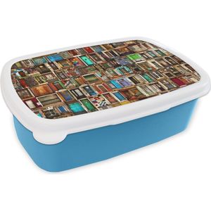 Broodtrommel Blauw - Lunchbox - Brooddoos - Deuren - Kleurrijk - Collage - Architectuur - 18x12x6 cm - Kinderen - Jongen