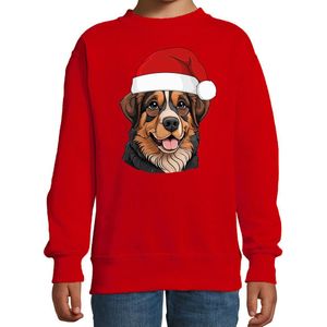 Bellatio Decorations Kersttrui / sweater honden - kinderen - Berner Sennenhond - rood - kerstmuts - Kerstmis 98/104