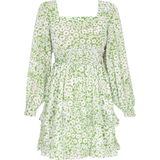 MYMO - Jurk - Grasgroen - Bloemenprint - Pofmouwen - Kort/mini