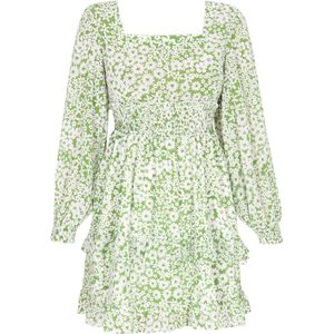 MYMO - Jurk - Grasgroen - Bloemenprint - Pofmouwen - Kort/mini
