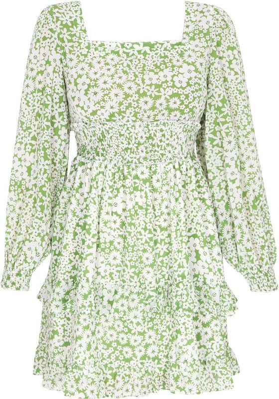 MYMO - Jurk - Grasgroen - Bloemenprint - Pofmouwen - Kort/mini