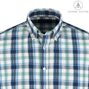 Chris Cayne heren overhemd korte mouw - maat XXL - met borstzak - kleur blauw/groen - ruit dessin - 100 % Katoen - seersucker - shirt heren - shirt XXL - borstzak