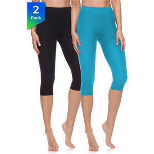 Merry Style MS-MS10-199-LE 2Pack Dames Capri Leggings – Sport - Vrijetijdsbroek - 3/4 Lengte - Katoen - Yogabroek - Zwart/Donkerturquoise - S