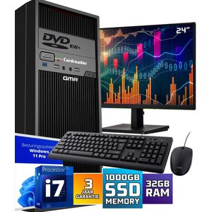 Intel Compleet PC SET | Intel Core i7 | 32 GB RAM | 1000 GB SSD | Windows 11 Pro | Inclusief 24"" Monitor, Muis & Toetsenbord