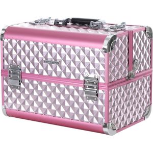 Cosmetische koffer, Vanity Case Vanity, met ruitpatroon, zilver, roze, 36 x 28 x 23 cm