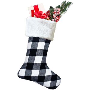 Katoenen Kerstkous - Pluche Kerstsok - Gebreid Ruitendesign Zwarte En Witte Kerst Dekoratie - 1 Stuks - Voor Gezin En Feest