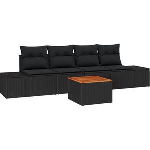 vidaXL - 5-delige - tuinsofa - set - met - kussens - zwart - poly - rattan - acacia