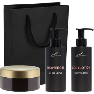 Douchepakket White Lotus - Showergel + Bodylotion + Scrubzout 300 gram - 300 ml per fles - set van 3 stuks - met luxe gift tas - cadeau - giftset voor hem en haar