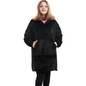 black hoodie deken kinderen - fleece deken met mouwen - ultrazachte binnenkant - snuggie - one size fits all - kids - energie besparen