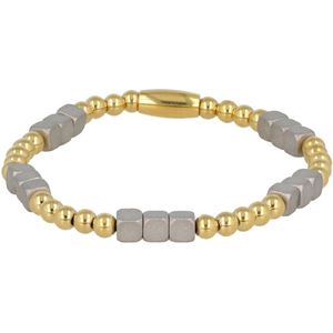 Edelstalen elastische armband - Leuke armband waarbij de balletjes gecombineerd zijn met matte goudkleuringe cubes - Met luxe cadeauverpakking