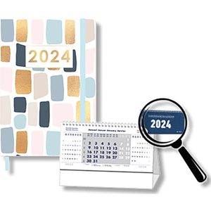 MGPcards - Agenda 2024 - A5 (21,5x15,5 cm) - Foliedruk - Week op 2 pagina's - Ruime Vakken - Pastel + Burokalender Blauw