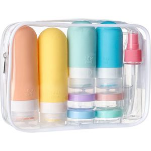 Reisflesjes met Etui - Reisset - Reisflesjes Handbagage 90ML - 16-delige set - Siliconen Reisflacons - Reis Flesjes Navulbaar - Reisaccessoires - Toilettas - Incl. Parfumverstuiver - voor toiletartikelen- shampoo-lotion en body wash (wit verpakking)