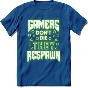Gamers don't die T-shirt | Neon Groen | Gaming kleding | Grappig game verjaardag cadeau shirt Heren – Dames – Unisex | - Donker Blauw - M